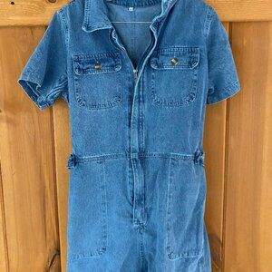 Women's Vintage Distressed Short Sleeve Zip Up Denim Jean Utility Jumpsuit Rompe